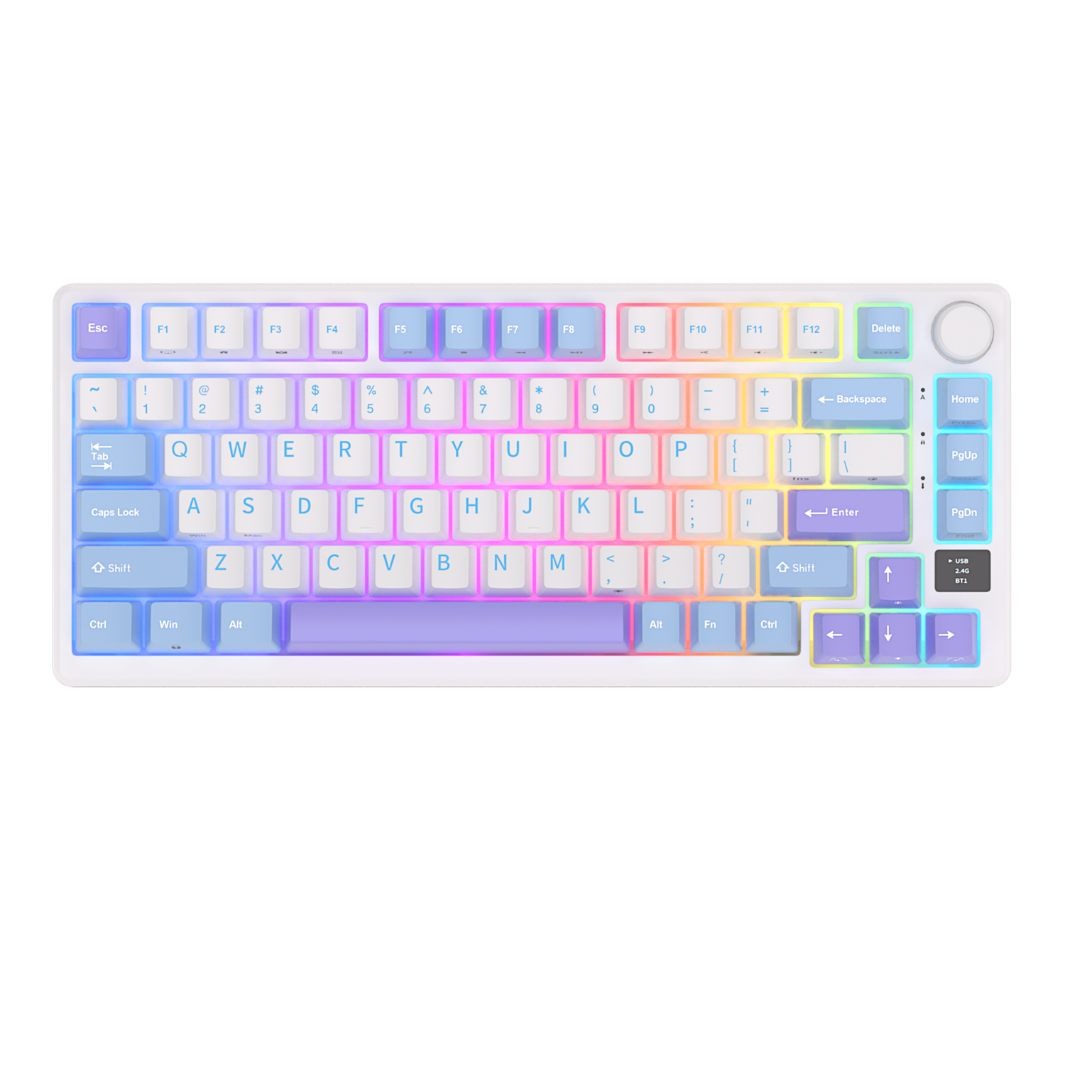 Royal Kludge M75 (RKM75) Taro Milk. Backlight color: Neon blue, green, yellow, peach, pink, magenta. Keycaps color scheme: pastel blue, lilac, and white.  