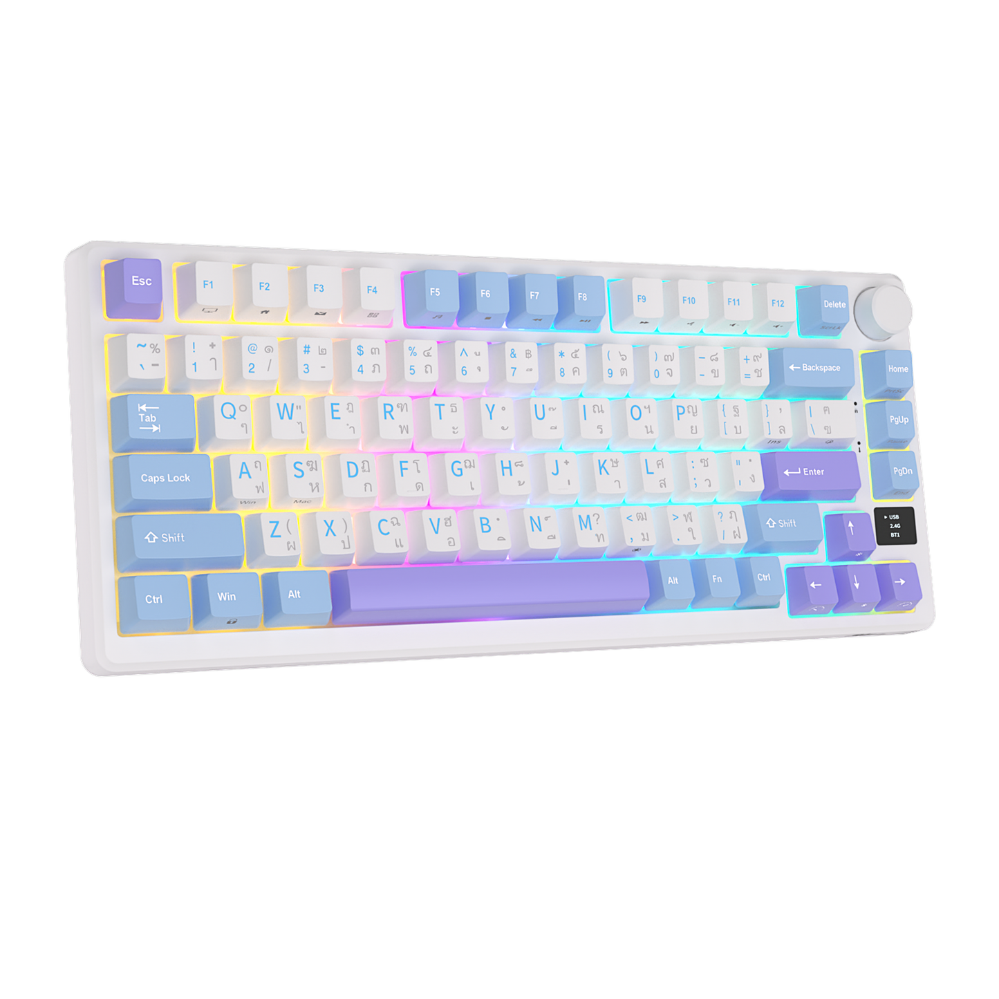 Royal Kludge M75 (RKM75) Taro Milk upright, all keys visible, neon yellow, pink and blue backlight and pastel blue, lavender and white keys. 