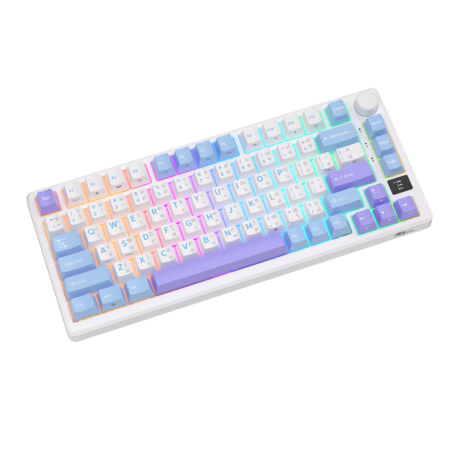 Royal Kludge M75 (RKM75) Taro Milk with backlit keyboard, diagonal position, tilted to the left. Light color scheme with pastels (blue, lavender and white keys keyboard)